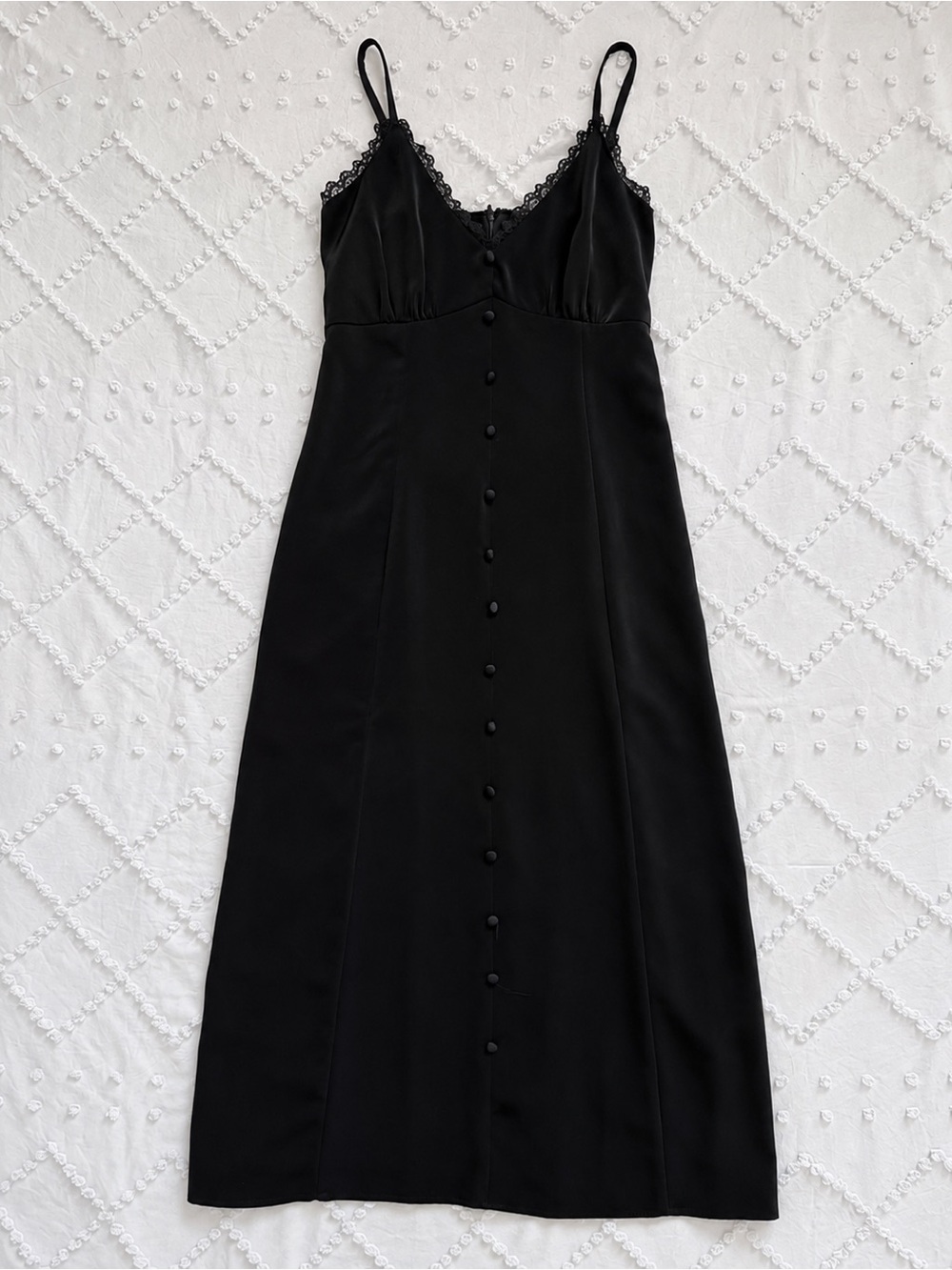 Studio 19 Black Midi Slip Dress | XS | Lace Trim Button Front